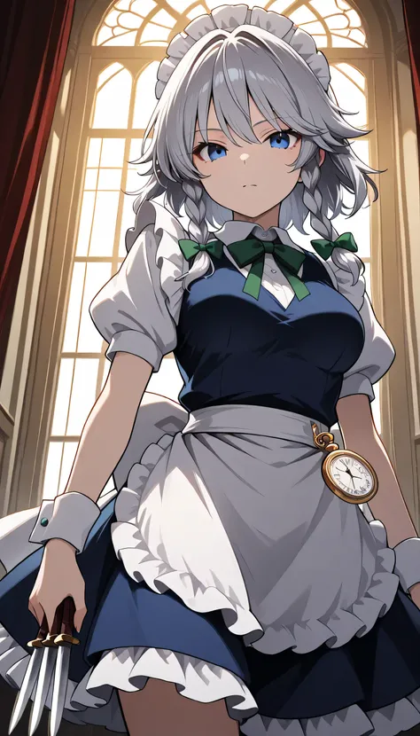 Final Fantasy Logo, touhou 6,izayoi sakuya, 1girl, solo, grey hair, blue eyes, short hair, side braids, twin braids, braid, medium breasts,
hair bow, green bow, maid headdress, wrist cuffs, waist apron, white apron, back bow, white bow, 
pocket watch, kniv...