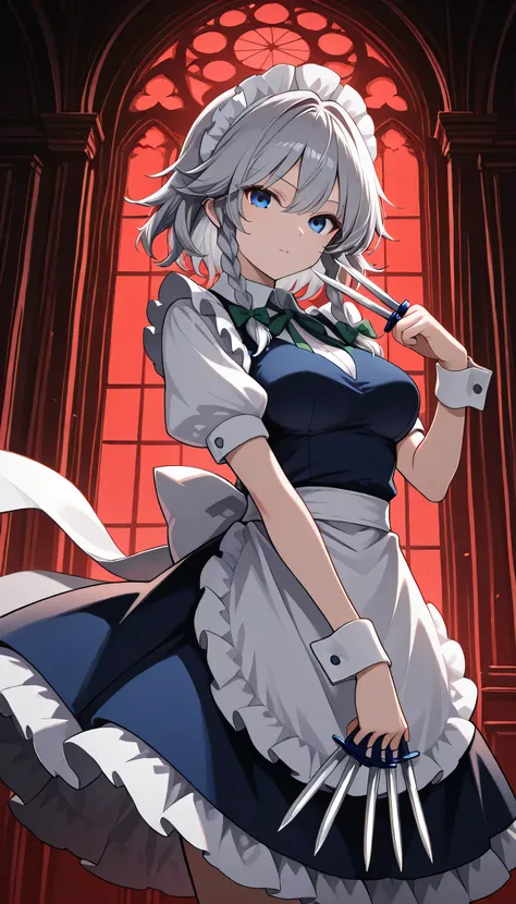 Final Fantasy Logo, touhou 6,izayoi sakuya, 1girl, solo, grey hair, blue eyes, short hair, side braids, twin braids, braid, medium breasts,
hair bow, green bow, maid headdress, wrist cuffs, waist apron, white apron, back bow, white bow, 
pocket watch, kniv...