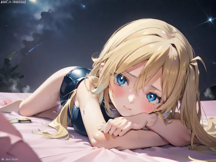 Pokemon irida, Blonde, asymmetrical bangs, blue eyes, long eyelashes, medium chest, thin, closed up angle (face view), very tight swimsuit, schoolmizu, sukumizu, An anime girl with long hair lie on a white bed, 16-years-old girl, The surrounding area comes...
