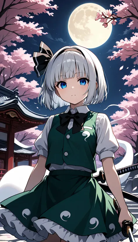 Final Fantasy Logo, touhou 6,katana, ghost,konpaku youmu, 1girl, solo, white hair, short hair, blunt bangs, blue eyes,
hairband, hair ribbon, black ribbon, black bowtie, white shirt, collared shirt, green vest, green skirt,Sakura tree, Sakura petal, temple...