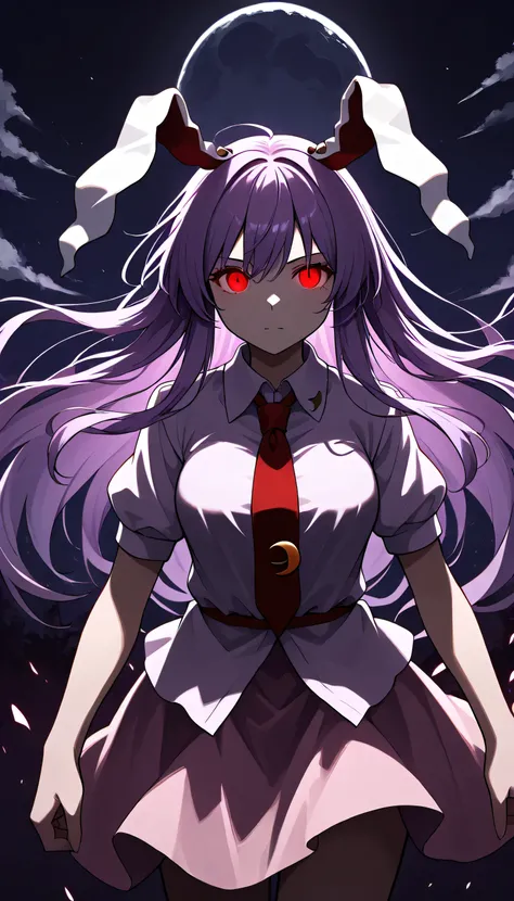 Final Fantasy Logo, touhou 6,moon, medium breast,reisen_udongein_inaba, purple_hair, red_eyes, rabbit_ears, long_hair
white_shirt, red_necktie, pink_skirt,glowing eyes, Nights 