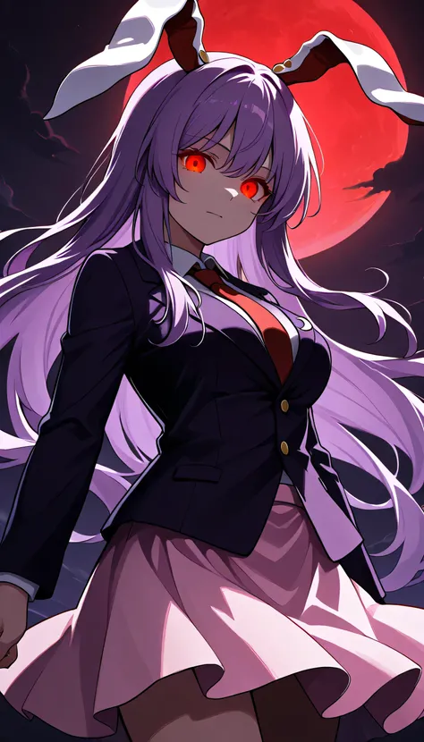 Final Fantasy Logo, touhou 6,moon, medium breast,reisen_udongein_inaba, purple_hair, red_eyes, rabbit_ears, long_hair
white_shirt, red_necktie, pink_skirt, blazer ,glowing eyes, Nights 