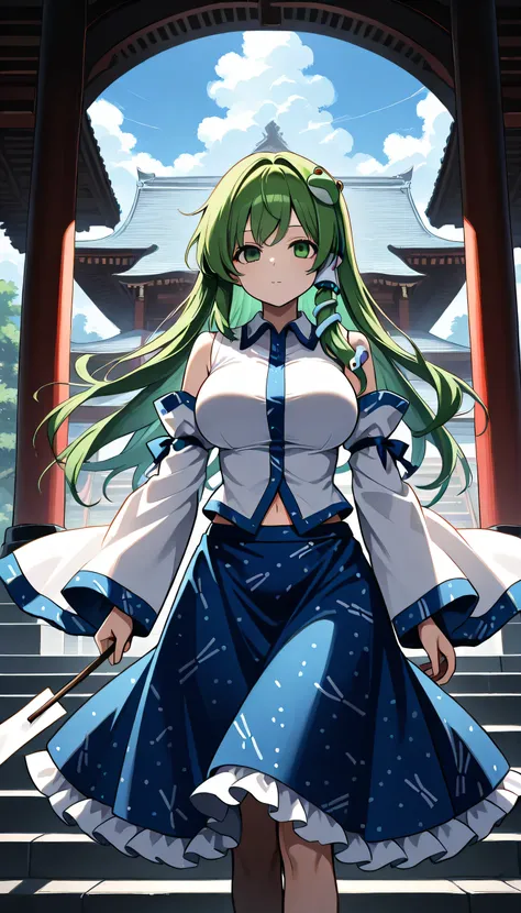 Final Fantasy Logo, touhou 6, large breast,kochiya sanae, 1girl, solo, green hair, long hair, green eyes, skinny, large breasts, frog hair ornament, hair tubes, snake hair ornament,
collared shirt, white shirt, detached sleeves, wide sleeves, blue skirt, f...