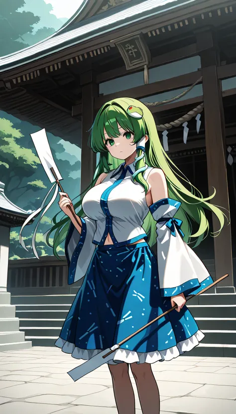 final fantasy logo, Touhou 6, big breast,kochiya sanae, a full body girl, Alone , green hair, long hair, green eyes, skinny, big breasts, frog hair ornament, hair tubes , snake-shaped hair ornaments,
collared shirt, white shirt, removable sleeves, wide sle...