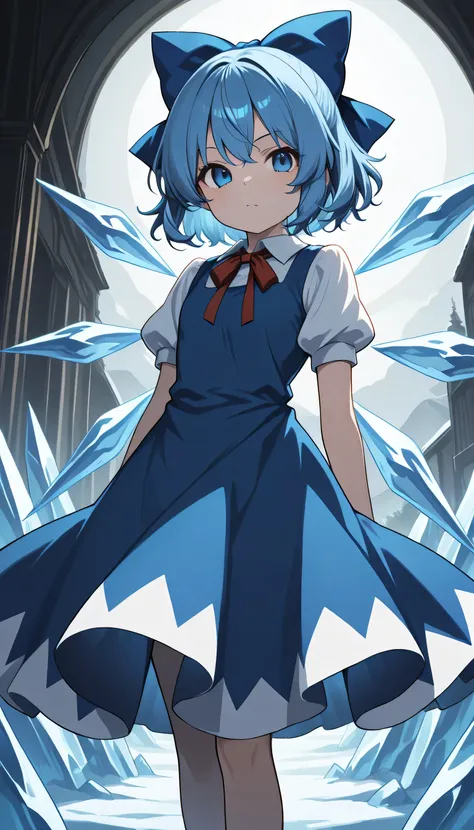 Final Fantasy Logo, touhou 6, cirno, 1girl, solo, blue eyes, blue hair, short hair, ice wings, ice,
bow, hair bow, dress, blue dress, short sleeves, blue bow, puffy sleeves, red ribbon,