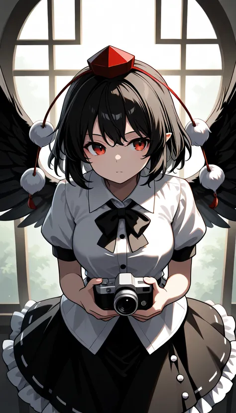 Final Fantasy Logo, touhou 6, medium breast,shameimaru aya, 1girl, solo, red eyes, black hair, short hair, feathered wings, black wings,
tokin hat, collared shirt, white shirt, short sleeves, black bow, black skirt, frilled skirt,holding camera