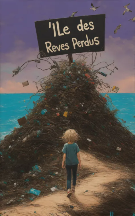 A whimsical, vibrant illustration featuring the title : “L'ILE des REVES PERDUS” made in recycled waste, garbage damaged letters in a grunge, gross, cartoon font, this title on top of a nasty polluted island hill of trash, a dirty ocean around filled with ...