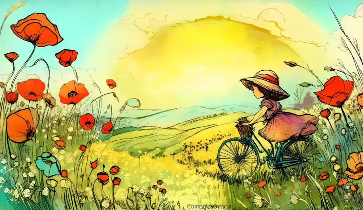 whimsical art style, surreal fantasy, ethereal art, A girl in a summer dress and sun hat, pushing a bicycle with a front basket full of flowers, through a field of giant poppies, the poppies are the size of trees and fill the entire background.: artstation...