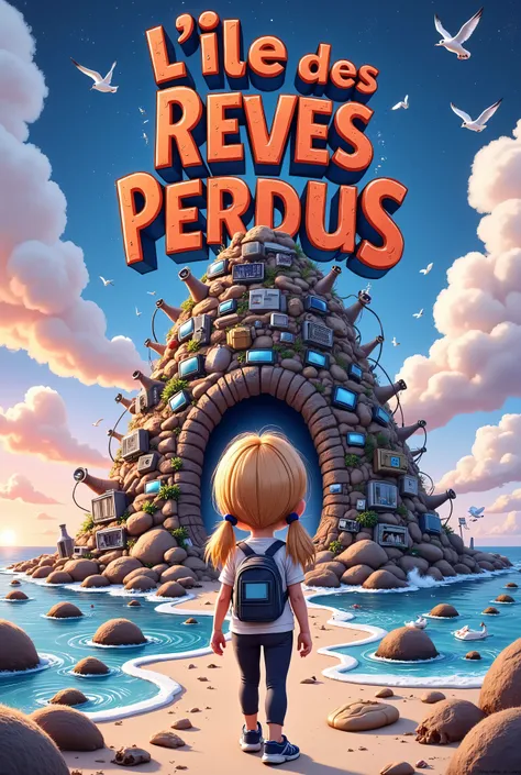 A whimsical, vibrant illustration featuring the title : “L'ILE des REVES PERDUS” made in recycled waste, garbage damaged letters in a grunge, gross, cartoon font, this title on top of a nasty polluted island hill of trash, a dirty ocean around filled with ...