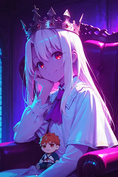 1girl, armchair, illyasviel von einzbern, long hair, looking at viewer, red eyes, sitting, solo, white hair, 1girl, capelet, closed mouth, crown, dress, flat chest, illyasviel von einzbern, long hair, long sleeves, red eyes, solo, upper body, white capelet...
