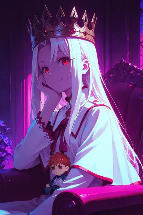 1girl, armchair, irisviel von einzbern, long hair, looking at viewer, red eyes, sitting, solo, white hair, 1girl, capelet, closed mouth, crown, dress, flat chest, illyasviel von einzbern, long hair, long sleeves, red eyes, solo, upper body, white capelet, ...