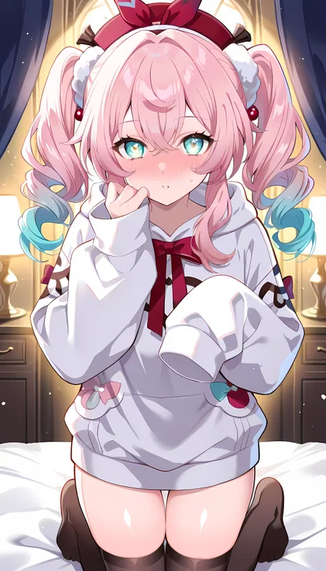 score_9, score_8_up, score_7_up, BREAK source_anime, (masterpiece), (Highest Quality), hyacine \(honkai star rail\), 1girl, full body, full-face blush, blur your cheeks, pink hair, solo, clavicle、oversized clothes that cover the chest、white hoodie、Long Ho...