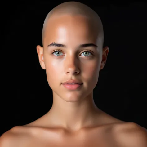 woman ,nude, FRONTAL FACE, HEADSHOT, LOOK FRONT FACE, HEAD BALD, realistic skin,