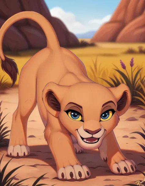 score_9, score_8_up, score_7_up, rating_safe, source_furry, Kiara, Reddish-brown eyes, Yellow sclera, solo, disney, the lion king, lioness, young nala, nala, feral, cartoon, smile, parted lips, blue eyes, yellow sclera, standing, solo, cute, feral, 4 to...