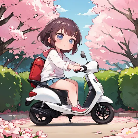 masterpiece,Highest Quality,cute girl riding a small scooter,Spring cherry blossom trees,