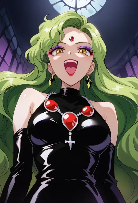 1 woman, beautiful face above the castle gate, green hair, very long hair, wavy hair with a graceful expression, LATEX ONLY , latex black gloves, red lipstick, makeup, elbow-length gloves, eyeshadow, bare shoulder,shiny latex black dress, gemstone necklace...