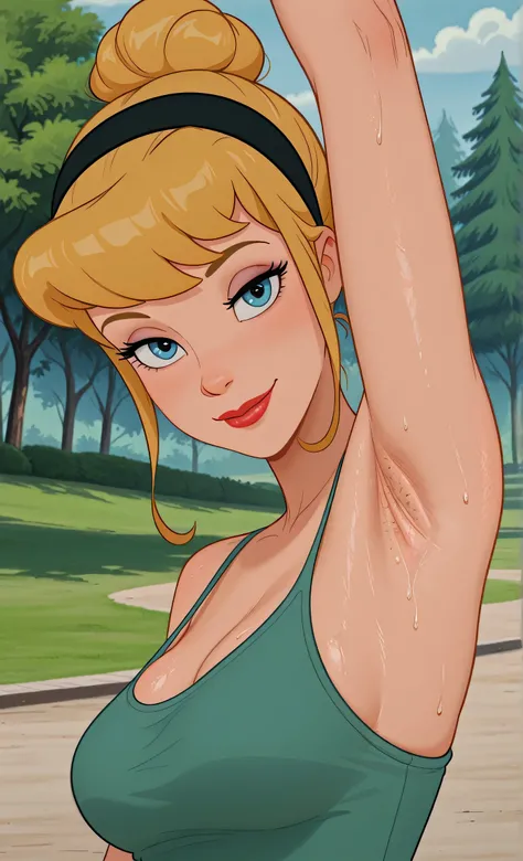 masterpiece, best quality, amazing quality, official style, screencap, 1girl, solo, CinderellaXL, blonde hair, hair bun, black hairband, medium breasts, blue eyes, makeup, red lips, green tank top, spaghetti straps, skindentation, (sweaty:0.6), arm up, rai...