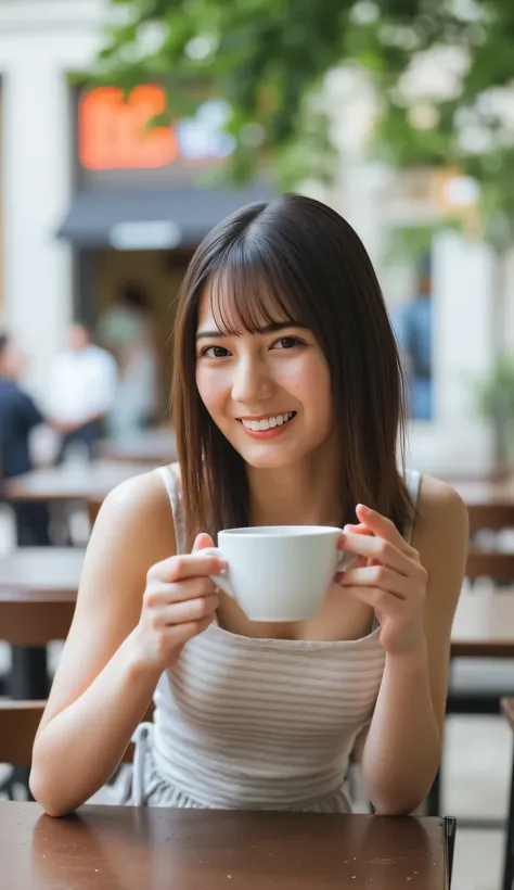 ((looking at viewer)), ((full body shot, whole body)), She smoking a cigarette, drinking a coffee, sitting a open cafe in Milan, Japanese woman, 20 years old, dark brown hair, straight hair, sexy dress, (smile), natural lighting, detailed hair, realistic t...