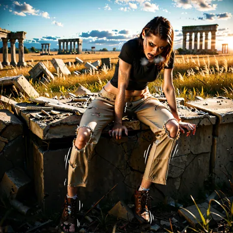 Female, human, human skin, morfing into, sitting on ruins, head down, leaning forward, Arm at side, black t-shirt, brown pants, torn brown shoes, torn shoes, torn socks, brown hairs, blue eyes, light brown scales, fangs, tongue, in pain, hard breathing, sh...
