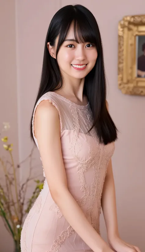 1 girl,(wear a glittering and bold lace up see-through mini dress in light pink:1.2),(sexy dress with a bold cut), (RAW photos, best quality), (realistic, photorealistic:1.4), masterpiece, extremely delicate and beautiful, extremely detailed, 8K, wonderfu,...