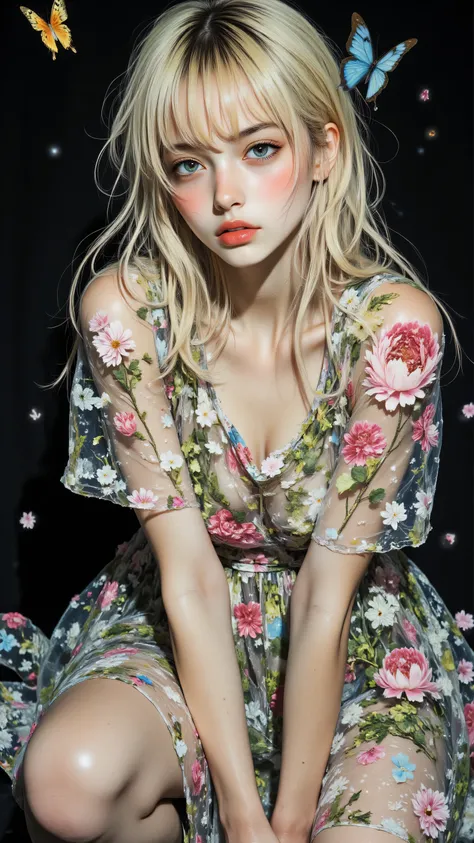 8k, Masterpiece, Top Quality, Three-quarter view, blonde hair, flowers, pale skin, downcast eyes, serene expression, floral dress, translucent fabric, pink and green flowers, shimmering, short dress, flowing pose, slightly bent, dark background, light part...