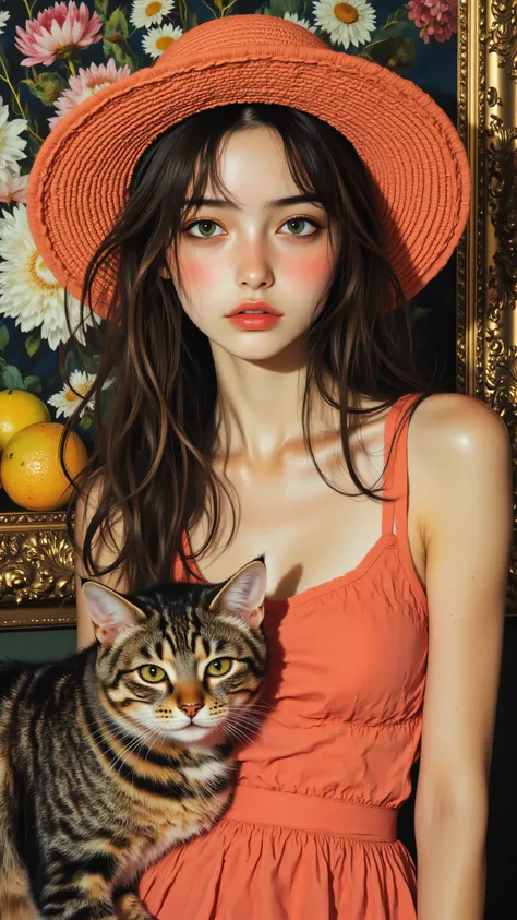 8k, Masterpiece, Top Quality, Eye-level viewpoint. Fair skin. Long wavy light brown hair. Coral dress. Large coral pleated hat. Serene expression. Slightly melancholic expression. Tabby cat. Richly detailed background. Still life. Fruit. Flowers. Framed...
