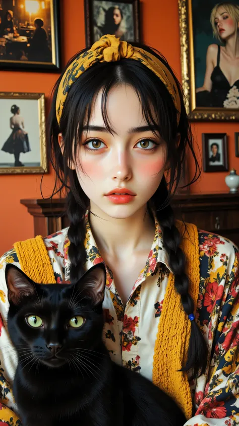 8k, Masterpiece, Top Quality, Close-up, frontal, fair skin, dark hair, braids, mustard yellow, collared shirt, dark patterned scarf, yellow headband, red lips, bold makeup, black cat, chest, orange-toned, framed pictures, vintage, antique, figures, scen...