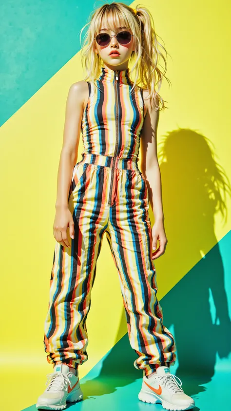 8k, Masterpiece, Top Quality, youthful, blonde ponytail, sunglasses, neon jumpsuit, striped, form-fitting, high-neck, zipper, athletic shoes, neon colors, legs bent, relaxed pose, yellow background, teal background, diagonal split.