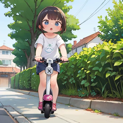 masterpiece,Highest Quality,cute girl riding a small scooter,Tree-lined street,