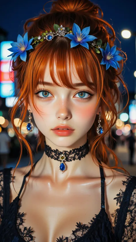 8k, Masterpiece, Top Quality, Close-up, three-quarter view, reddish-orange hair, updo, blue flowers, crown, blue eyes, fair complexion, dark dress, lace overlay, low-cut, choker necklace, blue gemstones, dangling earrings, blue accents, blurred nightscape...
