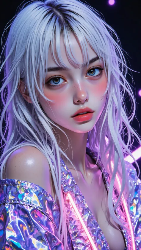 8k, Masterpiece, Top Quality, Close-up, frontal, three-quarter view, long hair, white hair, neon lights, iridescent, smooth skin, delicate features, large eyes, purple, pink, shimmering garment, translucent, backless, dark background, indistinct bac...
