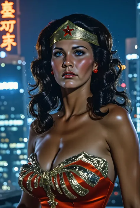 3/4 close-up of Lynda Carter as Wonder Woman in a cyberpunk megacity at night, holographic projections flickering around her, digital tiara glowing, futuristic armor with luminous trim, short-cropped cape swaying, skyscrapers with neon kanji signs in backg...