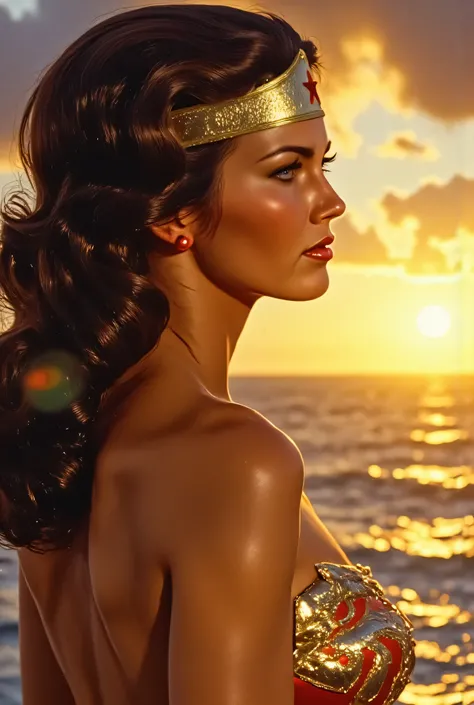 3/4 close-up of Lynda Carter as Wonder Woman at sunset on a Themysciran cliff, golden-orange sky illuminating her glowing armor, hair gently blowing in the wind, introspective and noble expression, her lasso coiled at her hip, blurred sunlit ocean horizon ...