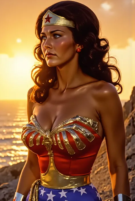 3/4 close-up of Lynda Carter as Wonder Woman at sunset on a Themysciran cliff, golden-orange sky illuminating her glowing armor, hair gently blowing in the wind, introspective and noble expression, her lasso coiled at her hip, blurred sunlit ocean horizon ...