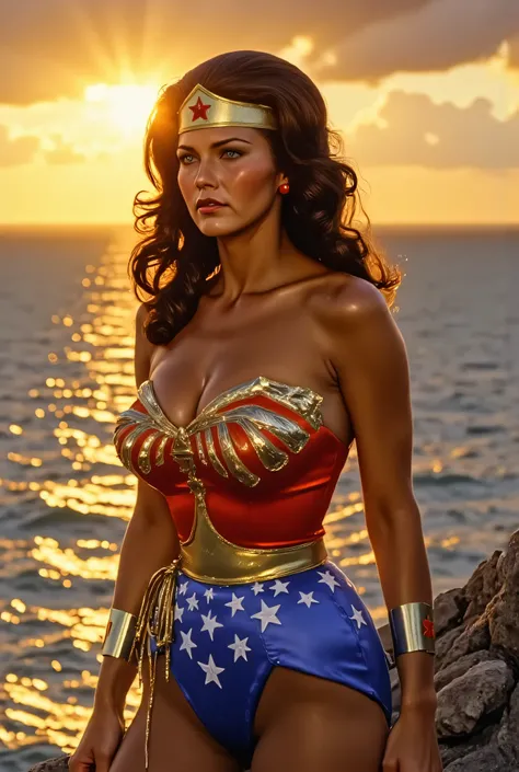 3/4 close-up of Lynda Carter as Wonder Woman at sunset on a Themysciran cliff, golden-orange sky illuminating her glowing armor, hair gently blowing in the wind, introspective and noble expression, her lasso coiled at her hip, blurred sunlit ocean horizon ...