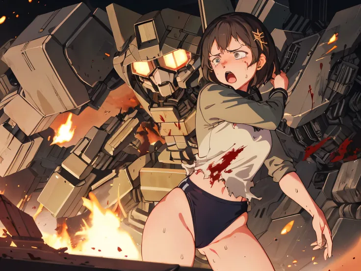 cockpit_explosion, fire, electricity, screaming, explosion, science fiction, wide-eyed, tearing clothes, standing, blood, scared, sweat, crying, mecha, torn clothes, tears, cockpit,1girl、wearing black gymnastics bloomers,high leg,white blouse,cowboy shot,s...