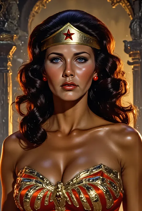 3/4 close-up of Lynda Carter as a dark Wonder Woman guardian of the underworld, crimson and black armor with demonic engravings, fiery orange ambient glow lighting her serious expression, ancient obsidian ruins behind her, enchanted flames flickering in he...