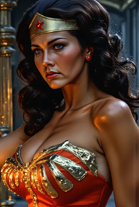 3/4 close-up of Lynda Carter as a dark Wonder Woman guardian of the underworld, crimson and black armor with demonic engravings, fiery orange ambient glow lighting her serious expression, ancient obsidian ruins behind her, enchanted flames flickering in he...