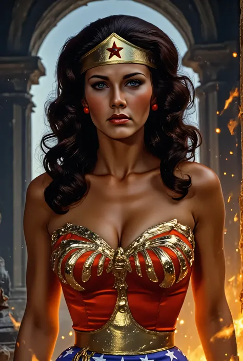 3/4 close-up of Lynda Carter as a dark Wonder Woman guardian of the underworld, crimson and black armor with demonic engravings, fiery orange ambient glow lighting her serious expression, ancient obsidian ruins behind her, enchanted flames flickering in he...