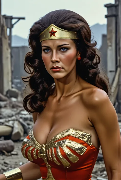 3/4 close-up of Lynda Carter as Wonder Woman during World War II, wearing a weathered version of her armor, dirt and scratches on her face and armor, standing among ruins with war smoke behind her, determined eyes filled with resilience, sepia-toned dramat...