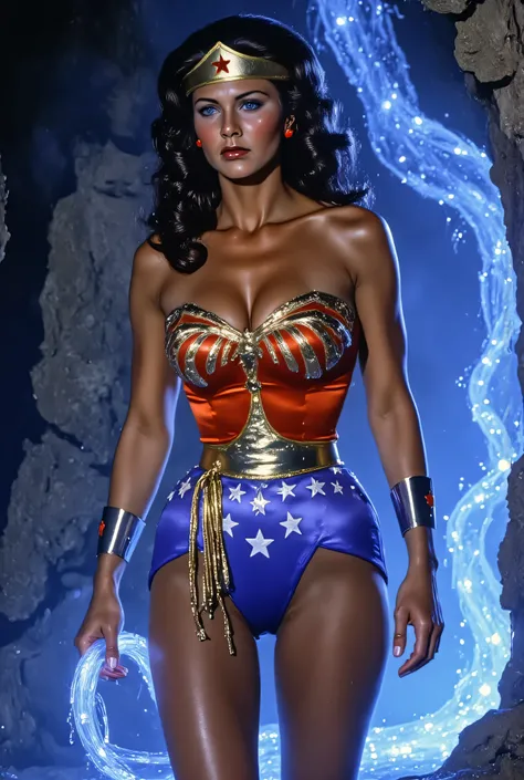 Slightly close-up fantasy portrait of Lynda Carter as Wonder Woman in a glowing crystal cave, ambient blue and violet light reflecting off her mystical golden armor, holding a magical lasso radiating energy, mysterious and focused expression, mystical fant...