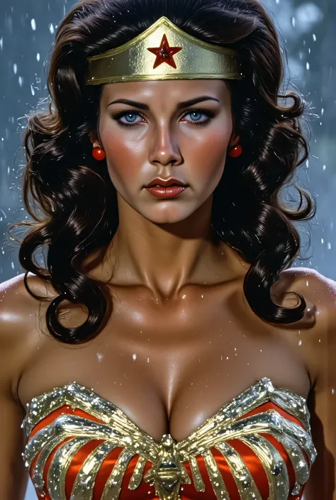 Slightly close-up view of Lynda Carter as Wonder Woman in a dramatic rainstorm, soaked hair clinging to her face, determined gaze, raindrops sliding down her gleaming red and gold armor, moody gray-blue background, intense cinematic atmosphere, detailed pa...