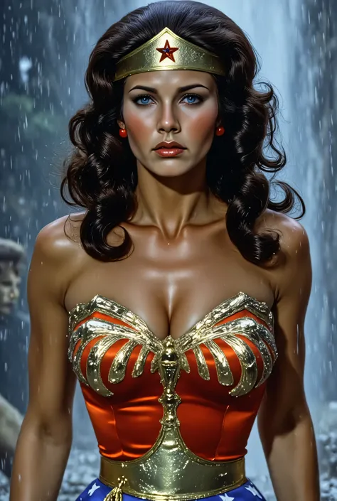 Slightly close-up view of Lynda Carter as Wonder Woman in a dramatic rainstorm, soaked hair clinging to her face, determined gaze, raindrops sliding down her gleaming red and gold armor, moody gray-blue background, intense cinematic atmosphere, detailed pa...