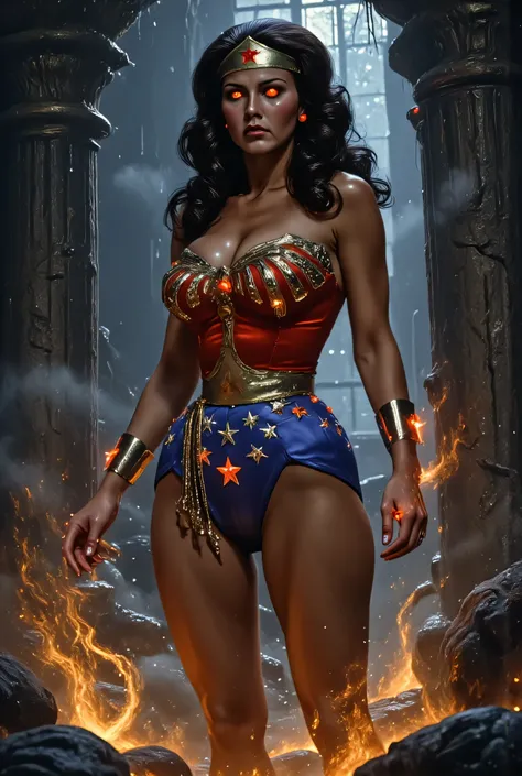 Lynda Carter as a dark fantasy version of Wonder Woman, clad in black and crimson enchanted armor with glowing runes, standing in a shadowy netherworld with ancient bones and fire-lit fog, red glowing eyes, cursed lasso coiled around her wrist, powerful da...