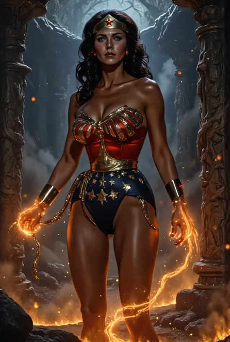 Lynda Carter as a dark fantasy version of Wonder Woman, clad in black and crimson enchanted armor with glowing runes, standing in a shadowy netherworld with ancient bones and fire-lit fog, red glowing eyes, cursed lasso coiled around her wrist, powerful da...