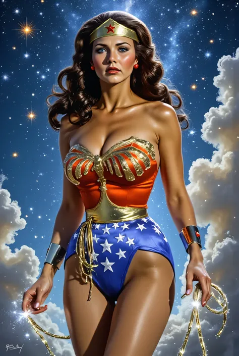 Lynda Carter as Wonder Woman in space-themed armor, floating above a nebula with glowing constellations, radiant golden tiara and starlight flowing from her lasso, background filled with galaxies and asteroid rings, elegant and powerful stance, cosmic fant...