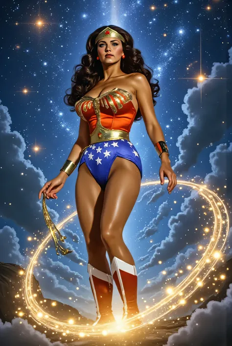 Lynda Carter as Wonder Woman in space-themed armor, floating above a nebula with glowing constellations, radiant golden tiara and starlight flowing from her lasso, background filled with galaxies and asteroid rings, elegant and powerful stance, cosmic fant...