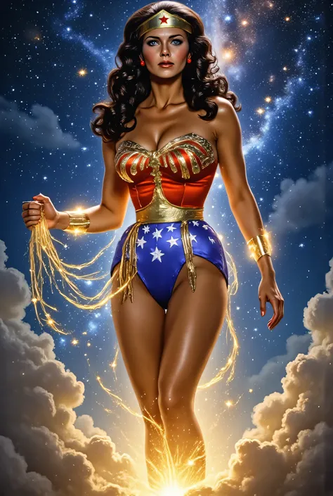Lynda Carter as Wonder Woman in space-themed armor, floating above a nebula with glowing constellations, radiant golden tiara and starlight flowing from her lasso, background filled with galaxies and asteroid rings, elegant and powerful stance, cosmic fant...