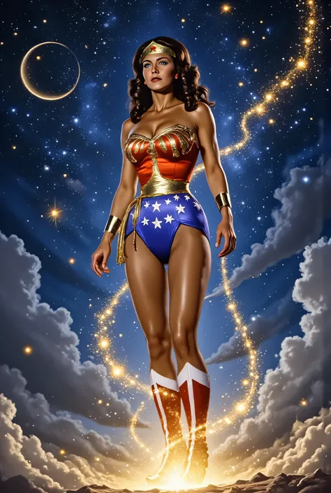 Lynda Carter as Wonder Woman in space-themed armor, floating above a nebula with glowing constellations, radiant golden tiara and starlight flowing from her lasso, background filled with galaxies and asteroid rings, elegant and powerful stance, cosmic fant...