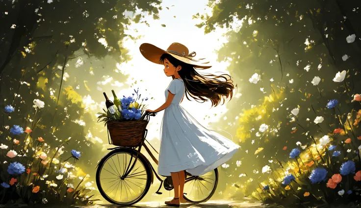 whimsical art style, surreal fantasy, a close up of a girl thin and tall pushing her bicycle on a sunny day, the bicycle's basket carries flowers, a bag, and a bottle of water. The girl is wearing a summer dress, along with a sun hat. Her long hair is blow...